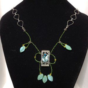 Handmade Beaded Bib Necklace Leaf Shaped Sea Glass Beads Unique Blue Green GUC